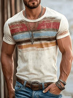 Vintage Washed Horizontal Stripe Men's T-Shirt, Western Vintage Distressed Texture Crew Neck Short Sleeve Casual Summer Top, Breathable Regular Fit for Daily and Formal Wear - Crew Neck Casual Top, Comfortable to Wear, Gift for Teens and Adults - Off-white