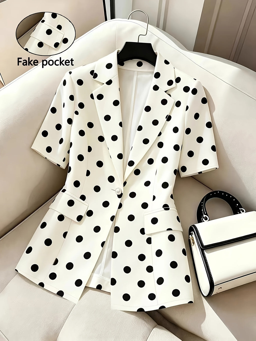 Ladies' Elegant Short-sleeve Blazer with Polka Dot Print and Button Detailing, Suitable for Office Wear, Professional Business Attire, and Graduation Ceremonies - Dots