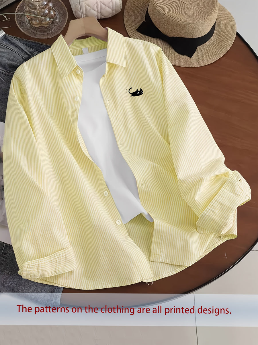 Korean-style Spring/Autumn Thin Fashionable Trendy Cool and Handsome Men's Healing Cartoon Print Long Sleeve Thin Striped Loose Fit Casual Shirt - Yellow