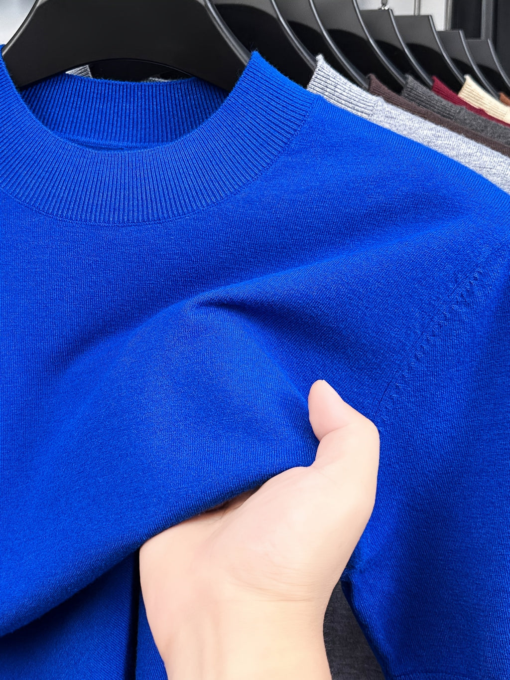 Men'S Solid Mock Neck Short Sleeve Knit Sweater, Soft Skin-Friendly Wool Blend Pullover, Stretch Slim Fit Basic Knit Top, Rib Neck Cuff, Business Commute Daily Casual Shirt, Versatile Inner And Outer Wear Men Base Layer - Klein Blue