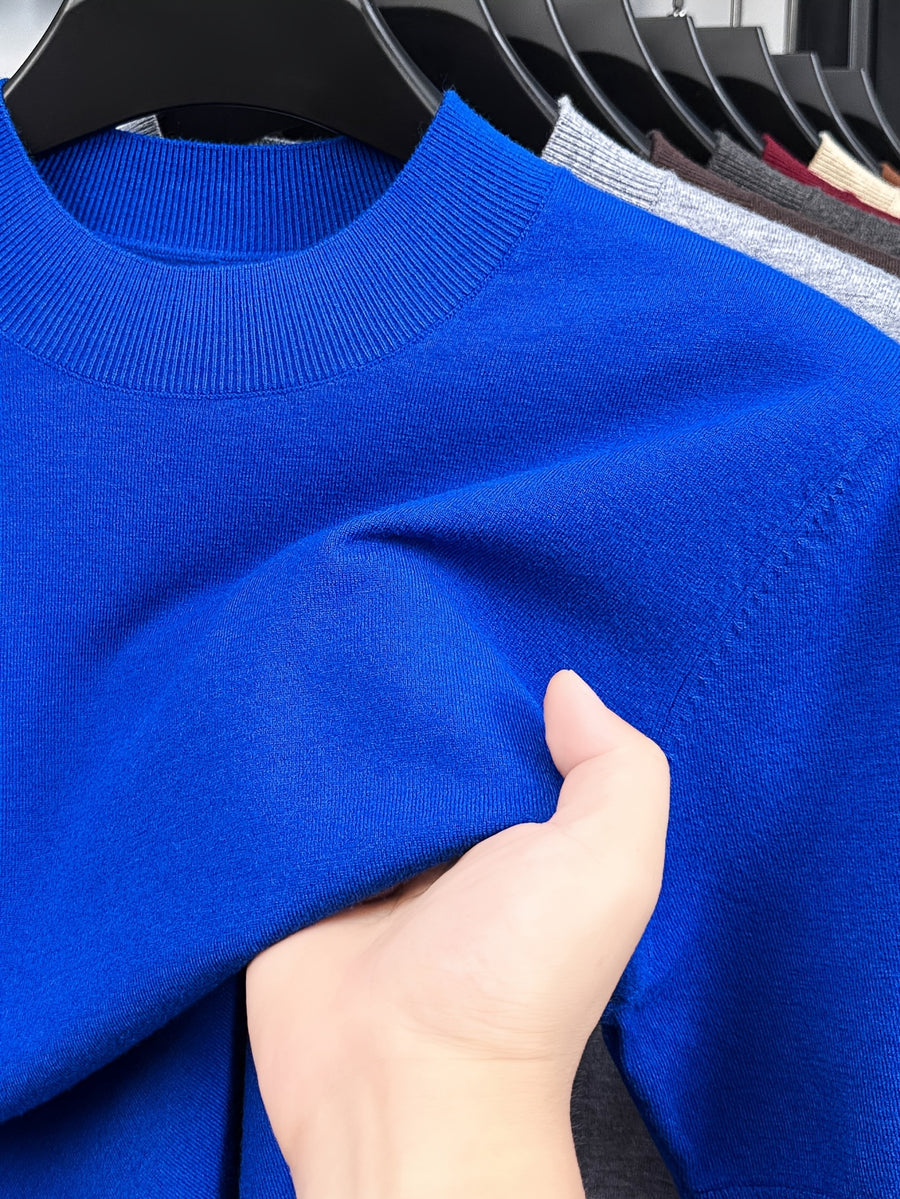 Men'S Solid Mock Neck Short Sleeve Knit Sweater, Soft Skin-Friendly Wool Blend Pullover, Stretch Slim Fit Basic Knit Top, Rib Neck Cuff, Business Commute Daily Casual Shirt, Versatile Inner And Outer Wear Men Base Layer - Klein Blue