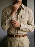 Men's Solid Color Button- Shirt with Double Pocket Collar - Machine Washable Long Sleeve Work Shirt Suitable for Business Casual, Commuting & Office Wear, Button-Front Collar Top for Spring/Autumn Layering (Adult Gift), father's day - Khaki