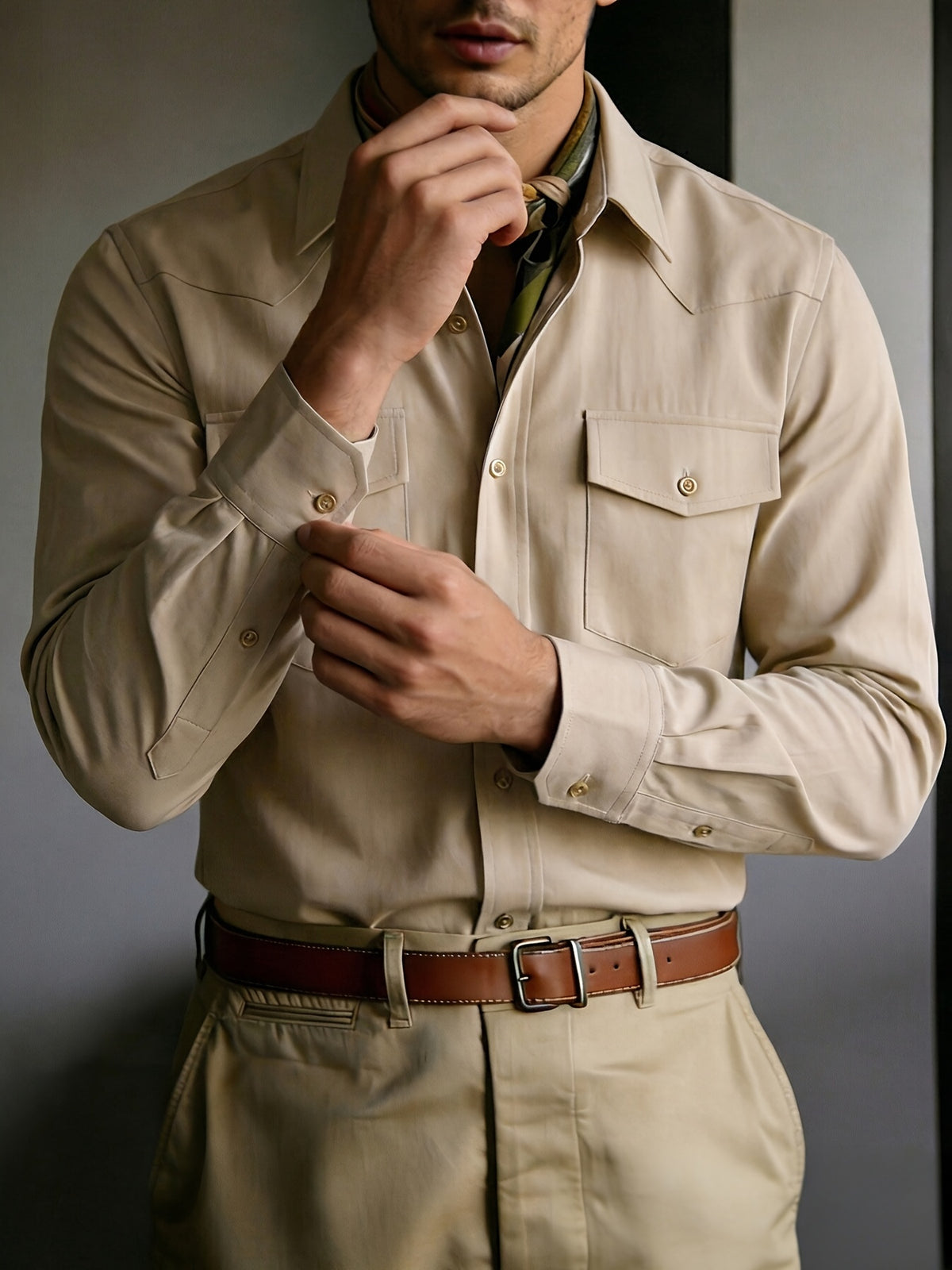 Men's Solid Color Button- Shirt with Double Pocket Collar - Machine Washable Long Sleeve Work Shirt Suitable for Business Casual, Commuting & Office Wear, Button-Front Collar Top for Spring/Autumn Layering (Adult Gift), father's day - Khaki
