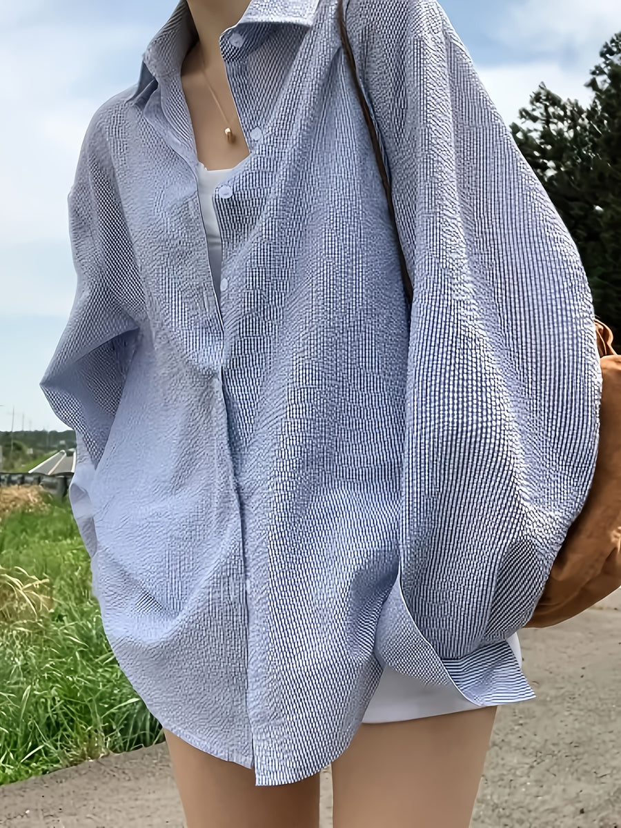 Women'S Shirt Summer New Loose Casual Versatile Single-Button Blouse Sunscreen Jacket Top - Light Blue