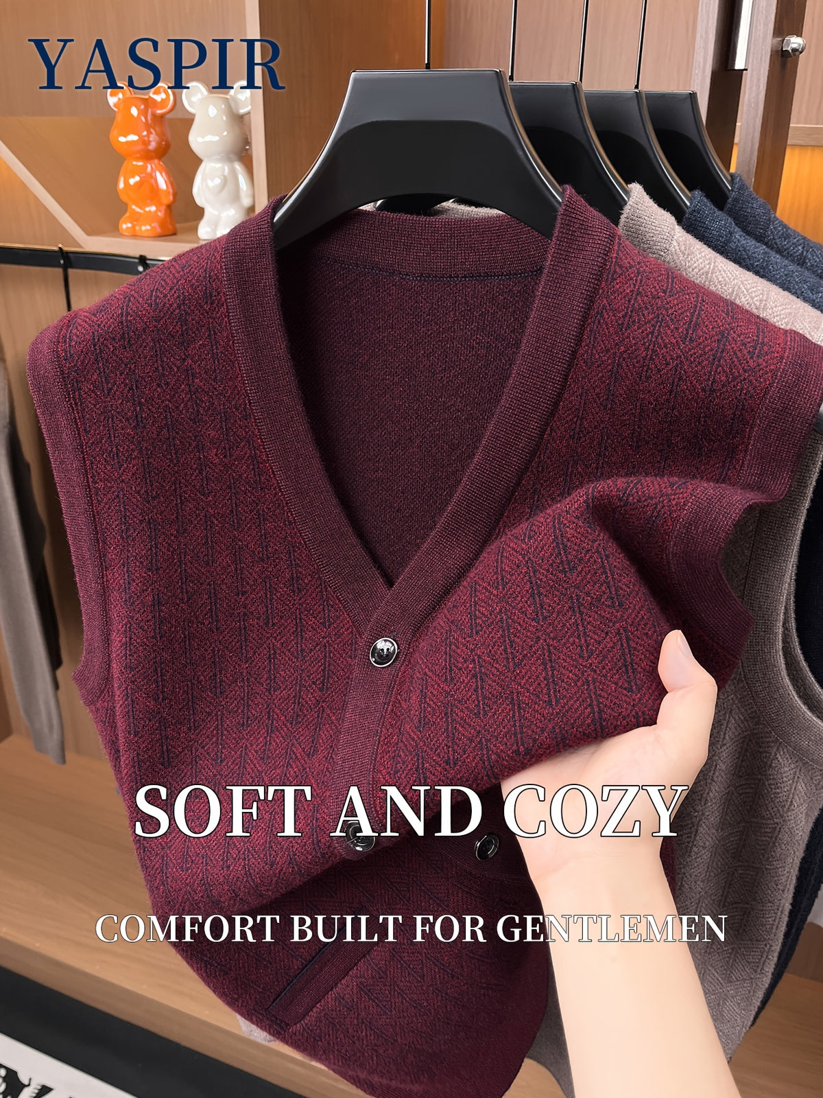 Men'S Fall Winter Knit Cardigan Vest with Pockets, Old Money Style, Soft Warm Cold-Resistant, Ideal for Daily Casual, Outdoor Activities & Casual Layering, Perfect Gift for Father And Husband - Burgundy