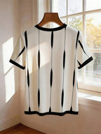 [Printed Design - Not Textured] Women's Casual Color-Block Crew Neck Short Sleeve T-Shirt, Summer Style - Black And White