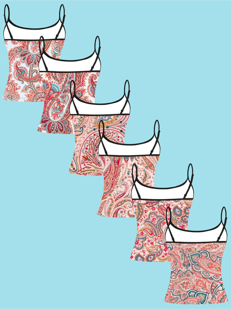 6pcs Women'S Camisole Vest Set, Mixed Colors, Multi-Size Available, Paisley Floral Pattern, Black Thin Straps, Black Neckline Trim, Fabric, Fashionable Women'S Sleeveless Vest, Casual Wear, Fashionable And Comfortable - Mixed colors