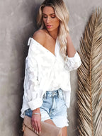 Elegant Women's Blouse, Long-sleeve Jacquard Top, 100% Polyester Solid Color, Button Details, Fabric, Suitable for Spring, Summer, and Autumn - White