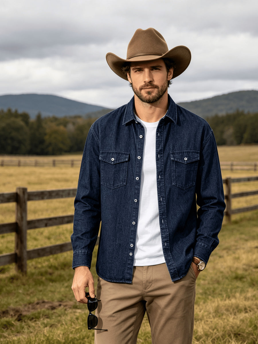 Men'S 100% Denim Long Sleeve Shirt, Vintage Lapel Double Chest Pockets Workwear Button, Durable, Breathable And Wrinkle-Resistant, Loose Fit for Daily Commute, Outdoor And Casual Wear, Suitable for Spring, Autumn And Winter Layering - Navy Color