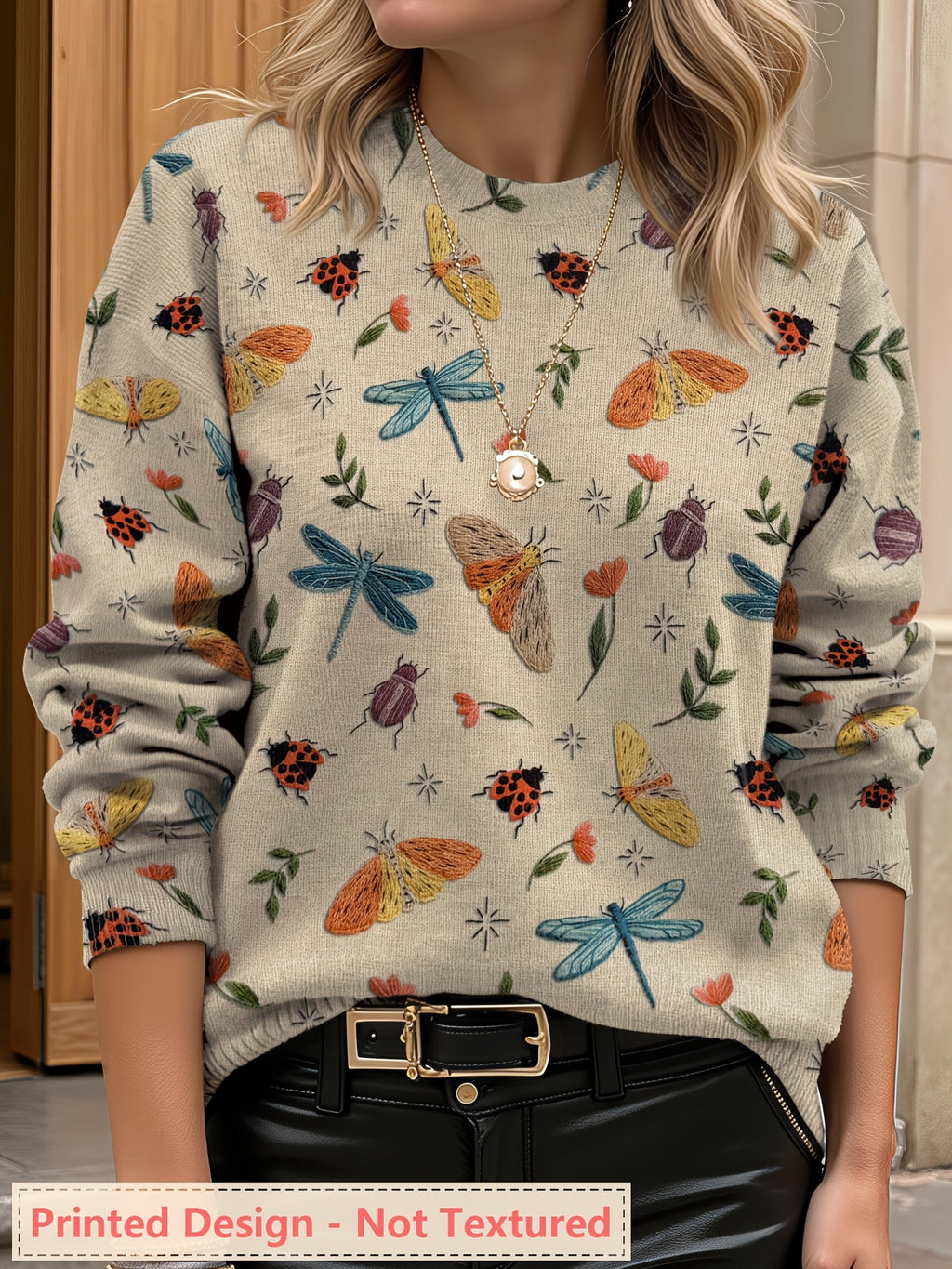 [Printed Design - Not Textured] Women'S for All Over Printed Long Sleeve Universal Crew Neck Lightweight Sweater, Trendy Wear, Ultra HD Insect And Flower Pattern, Perfect for Casual Elegance Style Outfits - Suitable for All Seasons - Multicolor