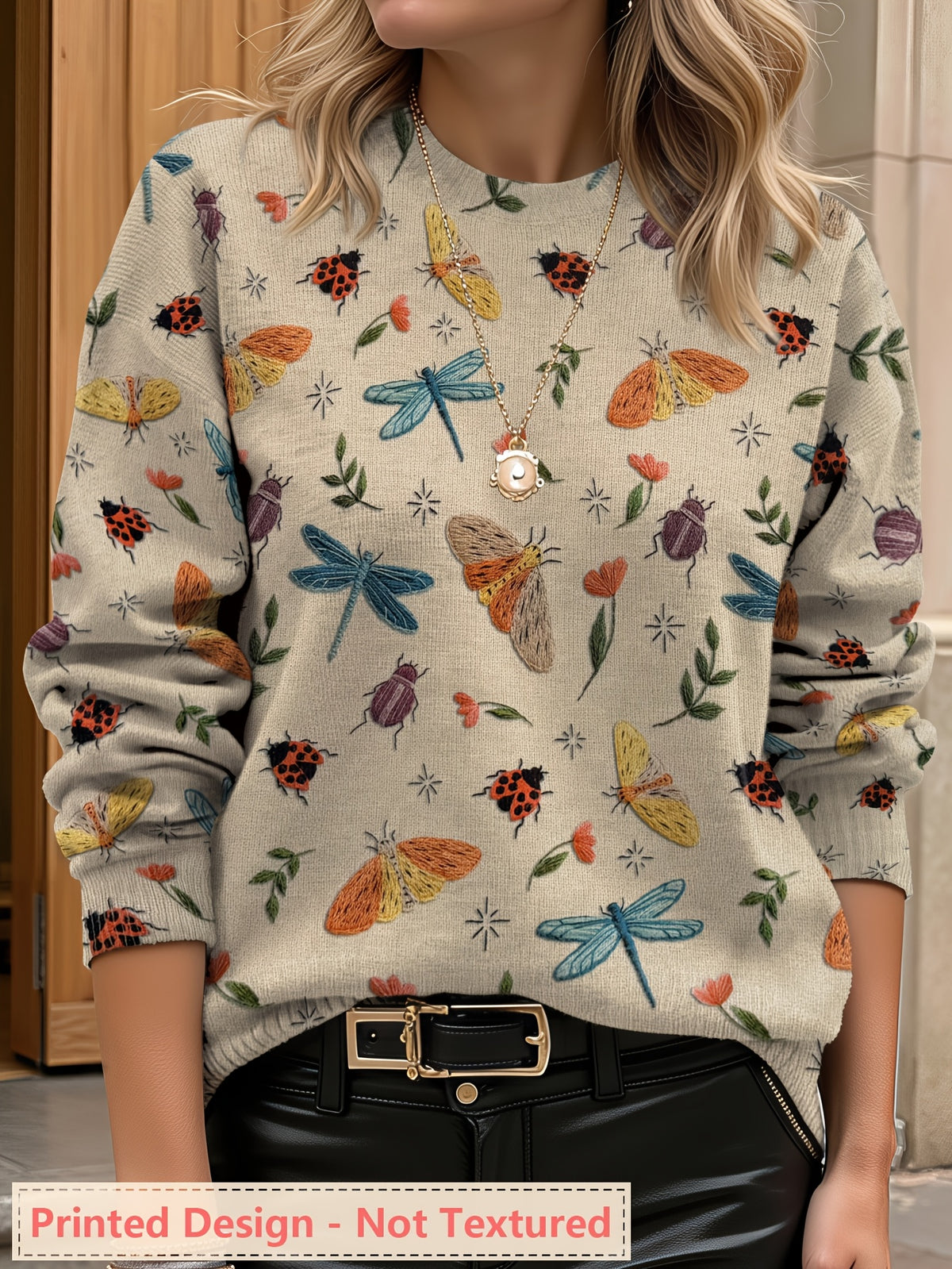[Printed Design - Not Textured] Women'S for All Over Printed Long Sleeve Universal Crew Neck Lightweight Sweater, Trendy Wear, Ultra HD Insect And Flower Pattern, Perfect for Casual Elegance Style Outfits - Suitable for All Seasons - Multicolor