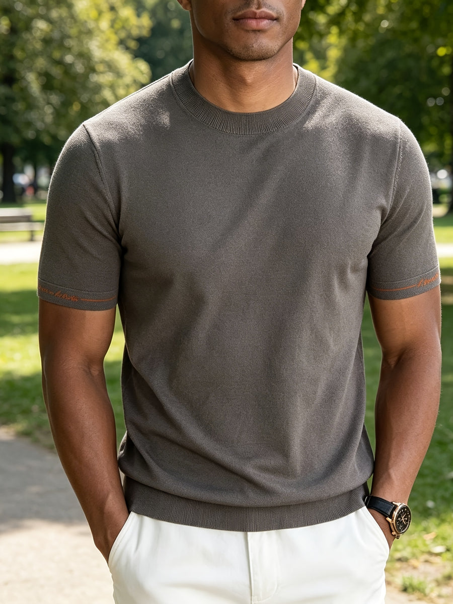 Men'S Easy Business Casual Round Neck Knit Short Sleeve T-Shirt, Skin-Friendly Fresh Regular Fit Durable, Summer Commute Office Client Meeting Family Gathering Short Distance Travel Shopping Date Daily Top - Rock Ash