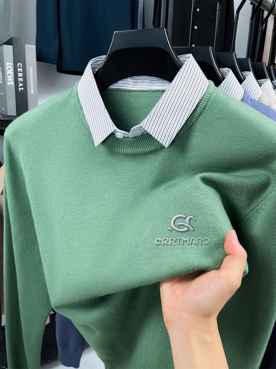 ZBZP Autumn Winter Knit 3D Solid Color Lapel POLO Sweater, Basic Knit Pullover Top for Men, Fashionable Long Sleeve Sweater ZYFSBSS - Green