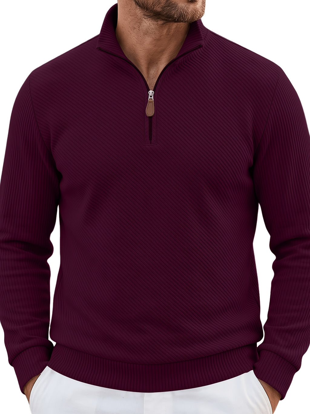 2pcs Men'S Autumn Winter New Corduroy Textured Half-Zip Stand Collar Knit Sweater Set, Light Luxury Long Sleeve Elastic Ribbed Base Layer Business Casual Inner Outerwear; Daily Commute, Home Entertaining, Camping Dating Scenarios - Black+Wine Red