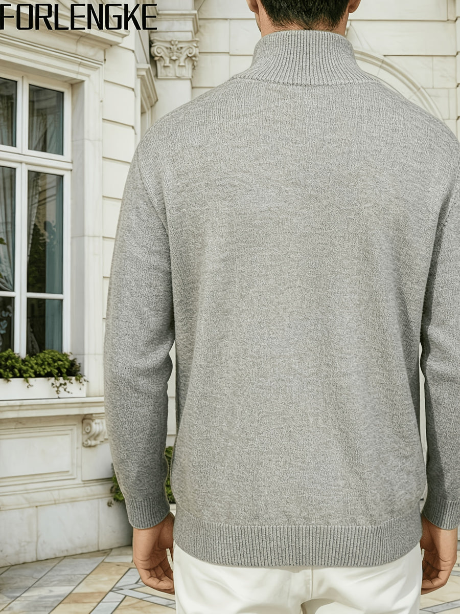 FORLENGKE Autumn And Winter Men'S Zipper Knit Cardigan, Vintage Cable Knit Stand Collar Sweater Jacket, Neat And Fitted Fabric, Zippered Half-High Collar, Versatile for Multiple Occasions, Can Be Layered, Men'S Casual Knit Jacket - Grey