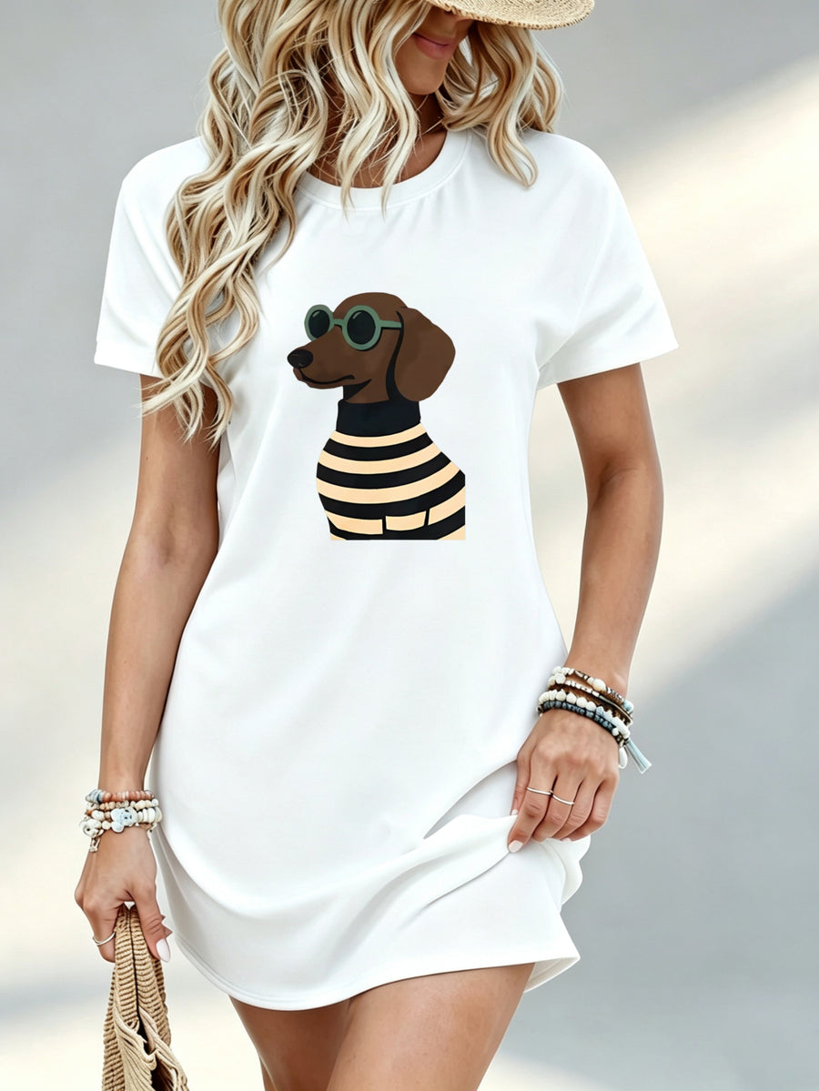 Printed Design - Not Textured, Casual, Ladies Dress, Cartoon Dog Graphic, Beach, Girlfriend, 100% Polyester Fiber - White