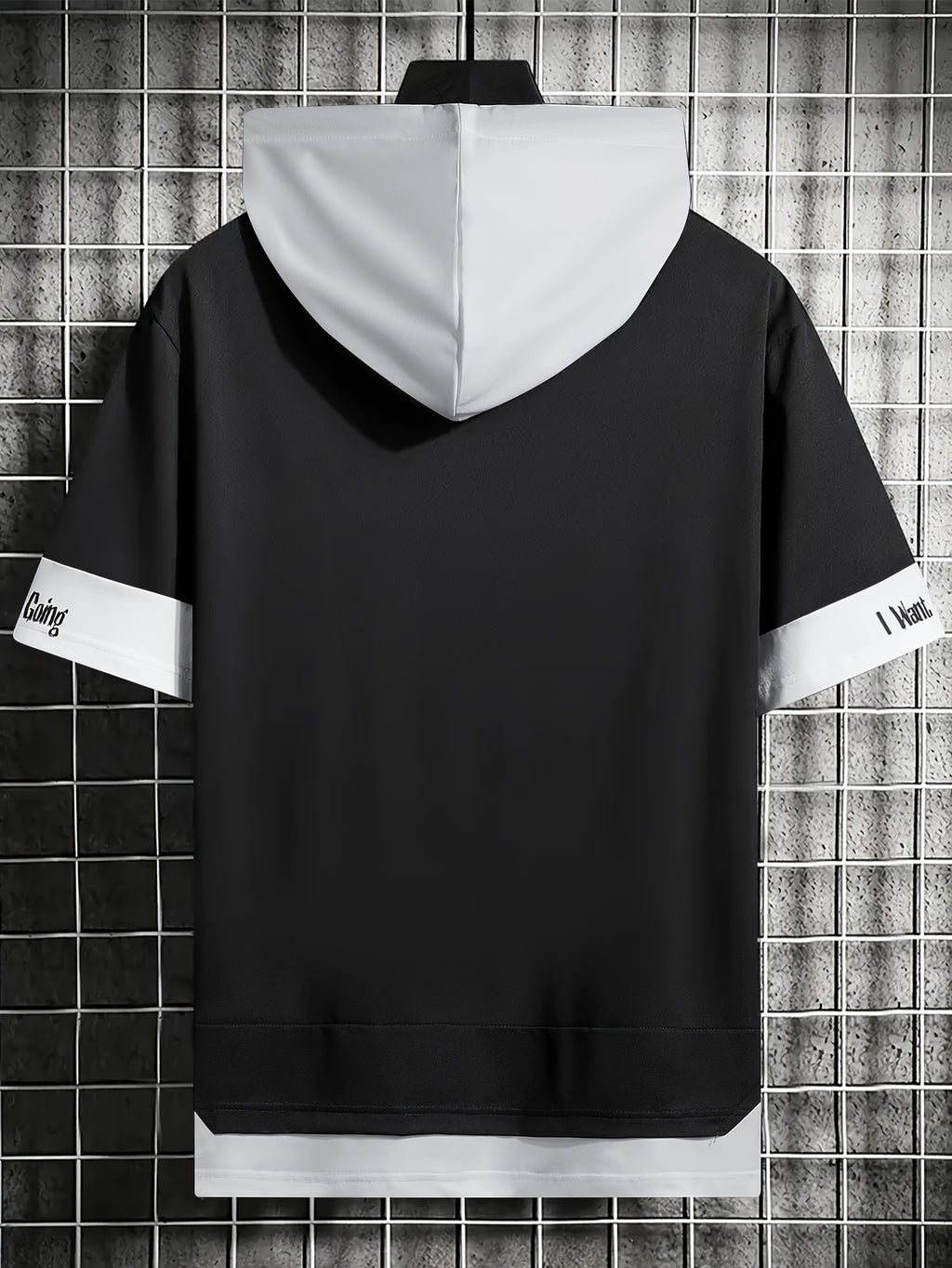 Men'S Color-Block Contrast Hooded Short Sleeve T-Shirt, English Letter Print, Short Sleeve Faux Two-Piece Streetwear, Trendy Fashion Versatile Street Casual Hong Kong Style Outfit, Casual Leisure All-Match T-Shirt, Suitable for Summer - Black