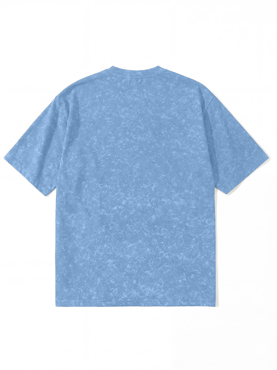 American Retro Distressed Short Sleeve T-Shirt, Men'S Trendy Cheetah Print Regular Oversize Street Casual Top - Light Blue