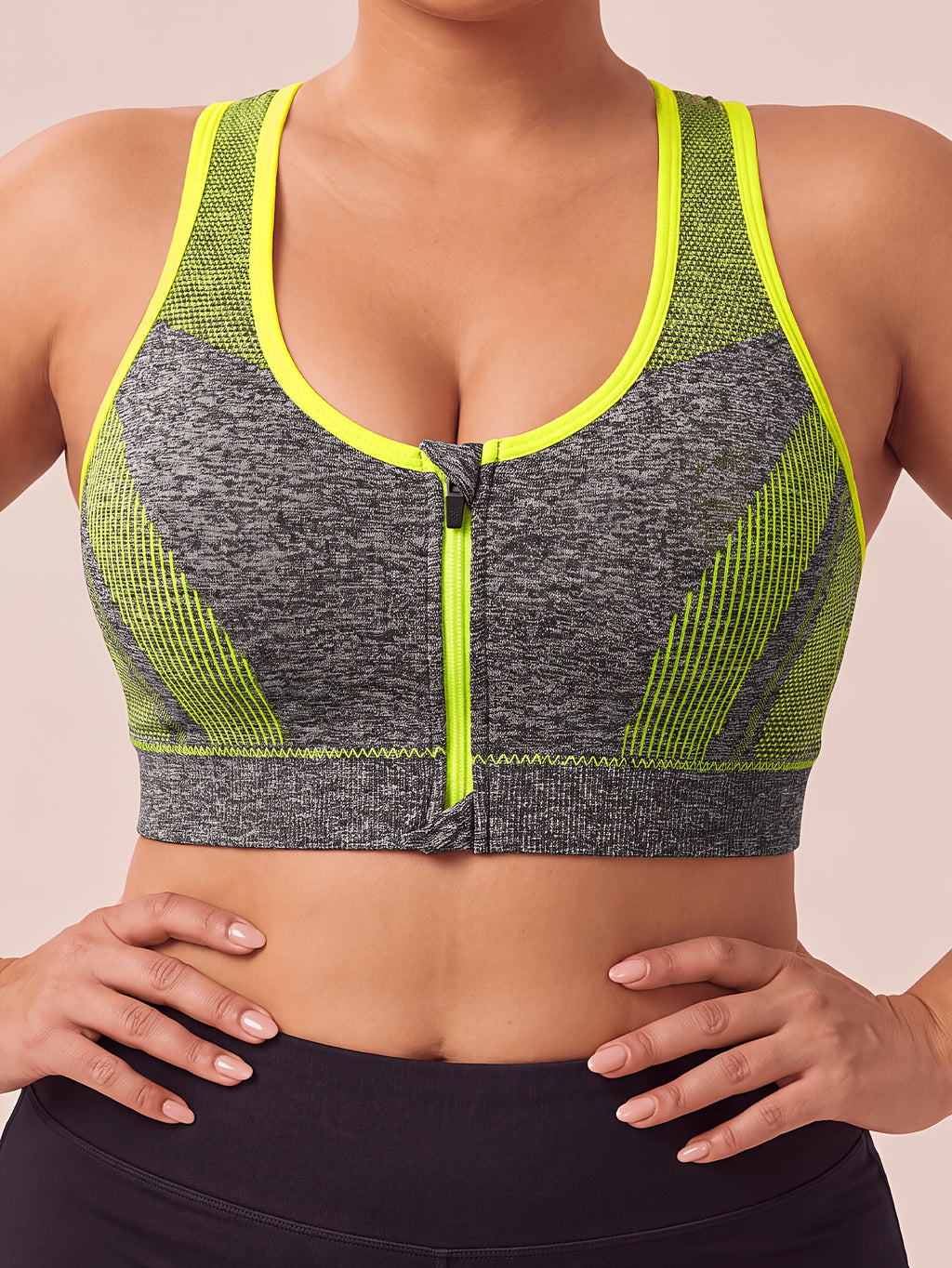 Plus Size Women'S Solid Color Wire-Free Front Zip Sports Bra, Gathering Fit Comfortable Breathable Casual Athletic Style, Suitable for Running, Fitness, Yoga, Outdoor Activities, And All Seasons - Yellow