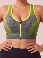 Plus Size Women'S Solid Color Wire-Free Front Zip Sports Bra, Gathering Fit Comfortable Breathable Casual Athletic Style, Suitable for Running, Fitness, Yoga, Outdoor Activities, And All Seasons - Yellow