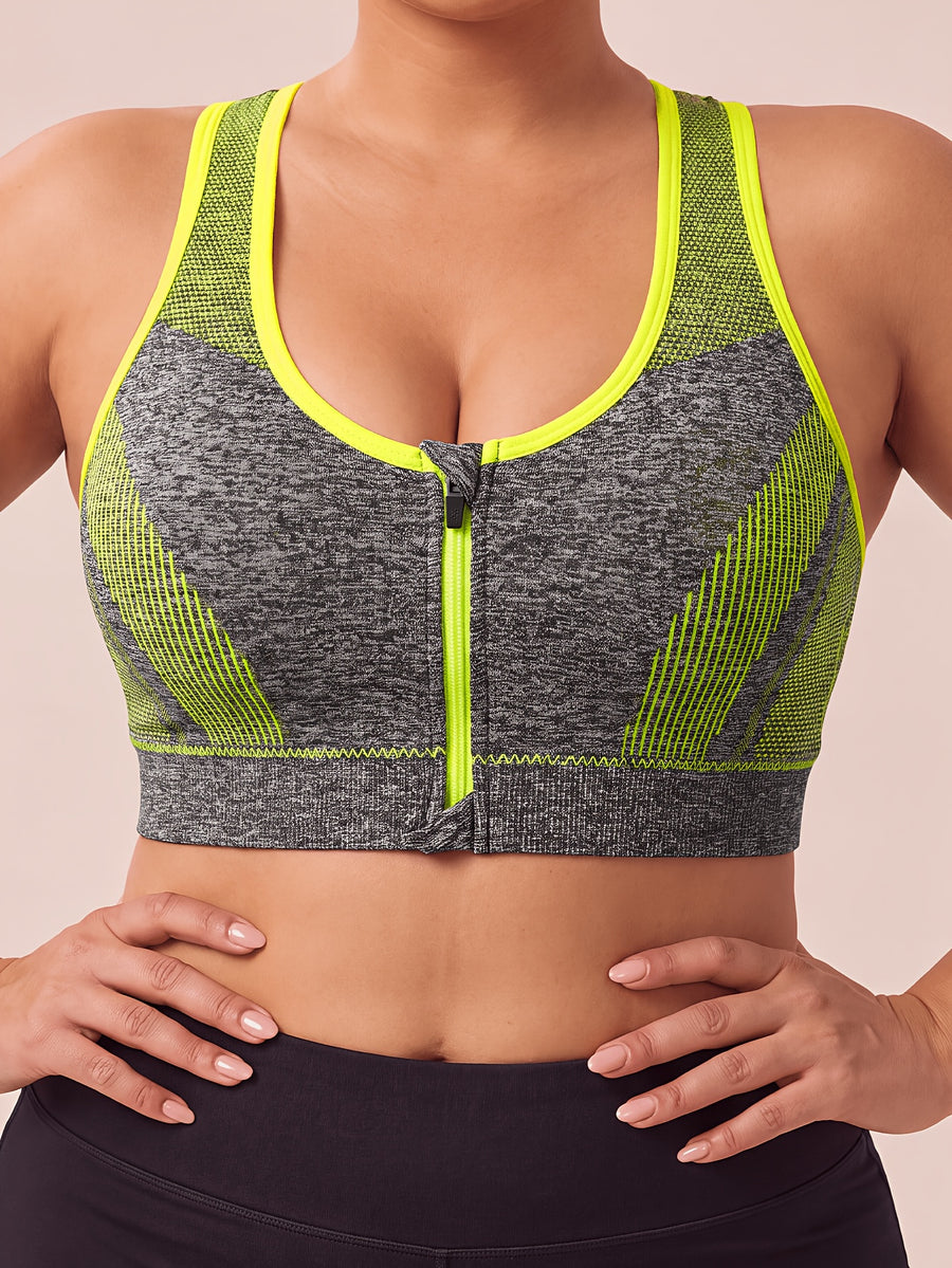 Plus Size Women'S Solid Color Wire-Free Front Zip Sports Bra, Gathering Fit Comfortable Breathable Casual Athletic Style, Suitable for Running, Fitness, Yoga, Outdoor Activities, And All Seasons - Yellow