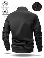 Spring/Autumn Men'S Stand-Up Collar Zip-Up Casual Jacket, Contrast Striped Sleeve Design Adds Layering, Chest Athletic Figure Print Easy And Energetic. Fabric Is Soft And Flowing, Non-Stuffy, Fit Various Body Types, Suitable for Sports, Commuting - Black