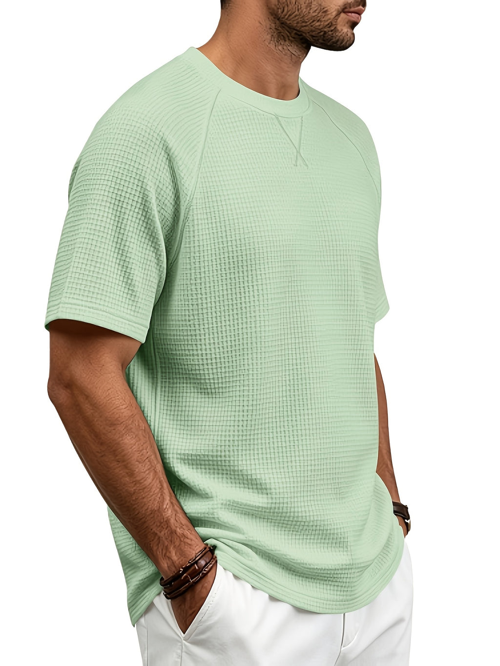 Men'S Summer Easy Fashion Loose Comfortable Breathable Casual Round Neck Short Sleeve T-Shirt - Light Green
