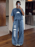 Women'S 2pcs Mountain Print Set, Vintage Washed Distressed Loose T-Shirt And Wide-Leg Pants, Casual Loose Solid Color Athletic Outfit, Minimalist Outdoor Style Printed Women'S Loungewear - Navy Color