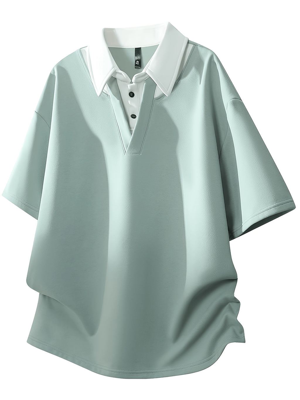 Men's Summer Lapel Collar Built-in 2-in-1 Look V-Polo, Unisex Drop Shoulder Loose Fit Curved Hem Draped Short Sleeve T-Shirt - Light Green