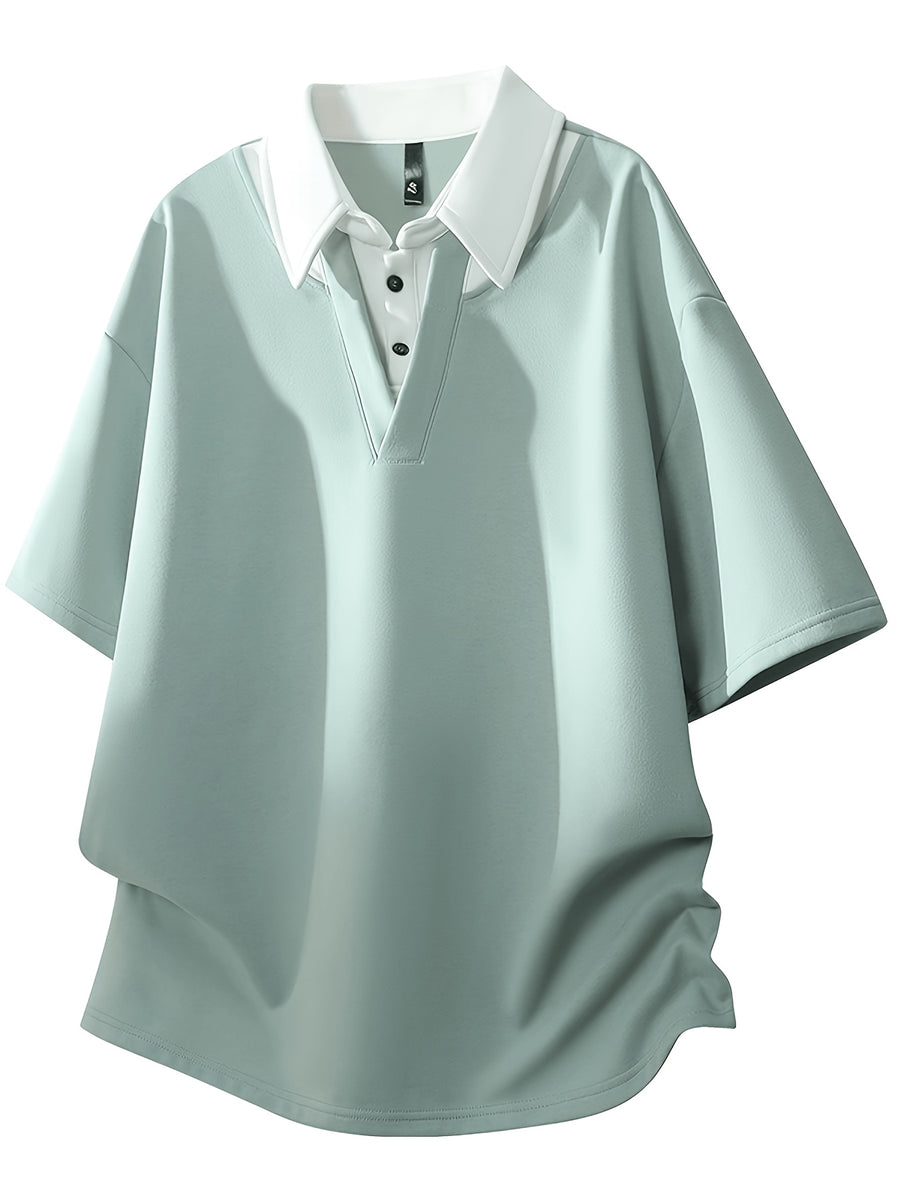 Men's Summer Lapel Collar Built-in 2-in-1 Look V-Polo, Unisex Drop Shoulder Loose Fit Curved Hem Draped Short Sleeve T-Shirt - Light Green