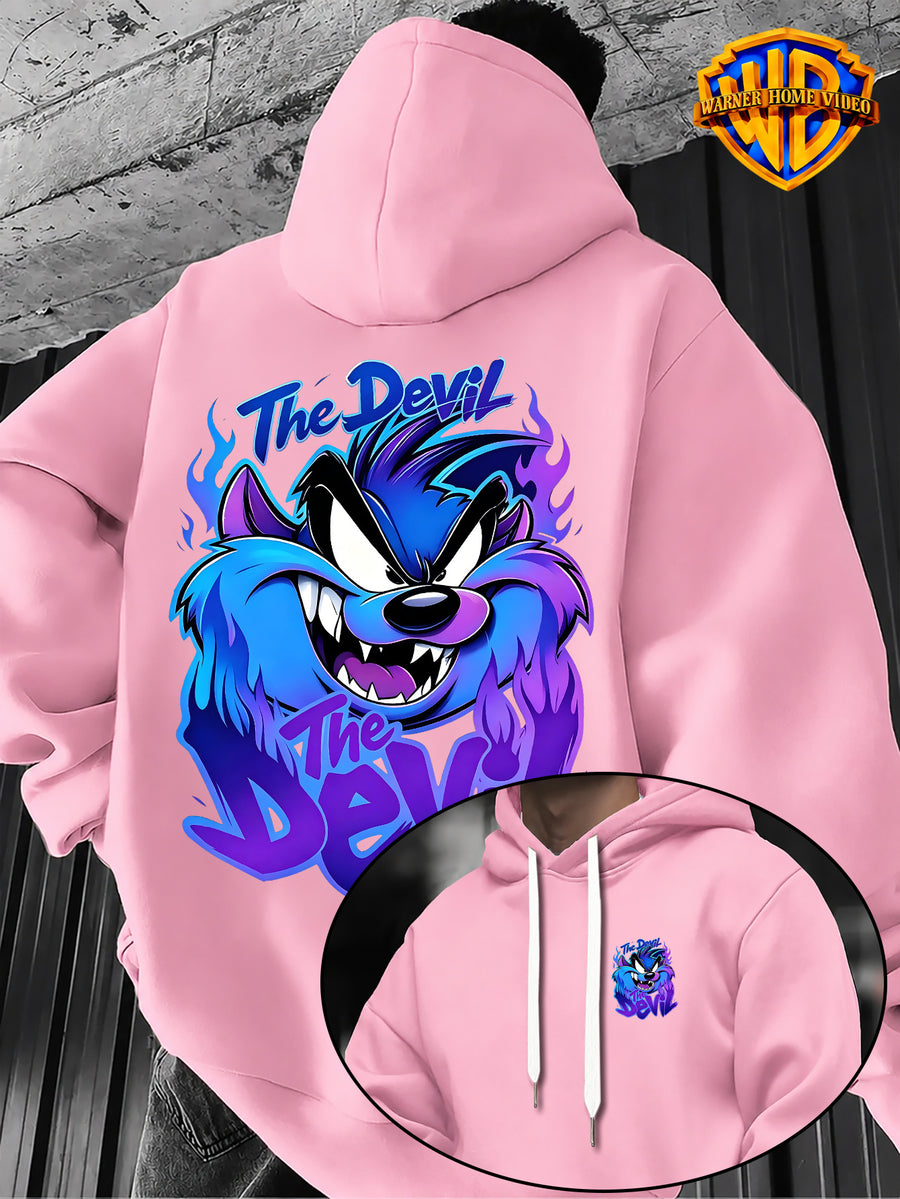 Warner Bros Official 1pc Cyber Purple-Blue Flame Background Grimace The Devil Graffiti Font Casual Hoodie - Men's Fashion Hoodie, Double-Sided Front and Back Print, Adjustable Drawstring Loose and Comfortable Sweatshirt, Suitable for Daily - Pink