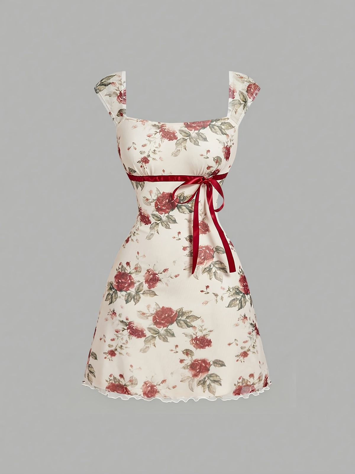 Square Neck Dress, Summer Pure Desire Style Bow Waist Cinching Short Bodycon Skirt, Sweet Style Printed Dress, Summer Date Ribbon Bow Waist Cinching Mesh Mini Skirt, Suitable for Birthday Parties, Weekend Parties, and Vacation Outings - Mixed colors