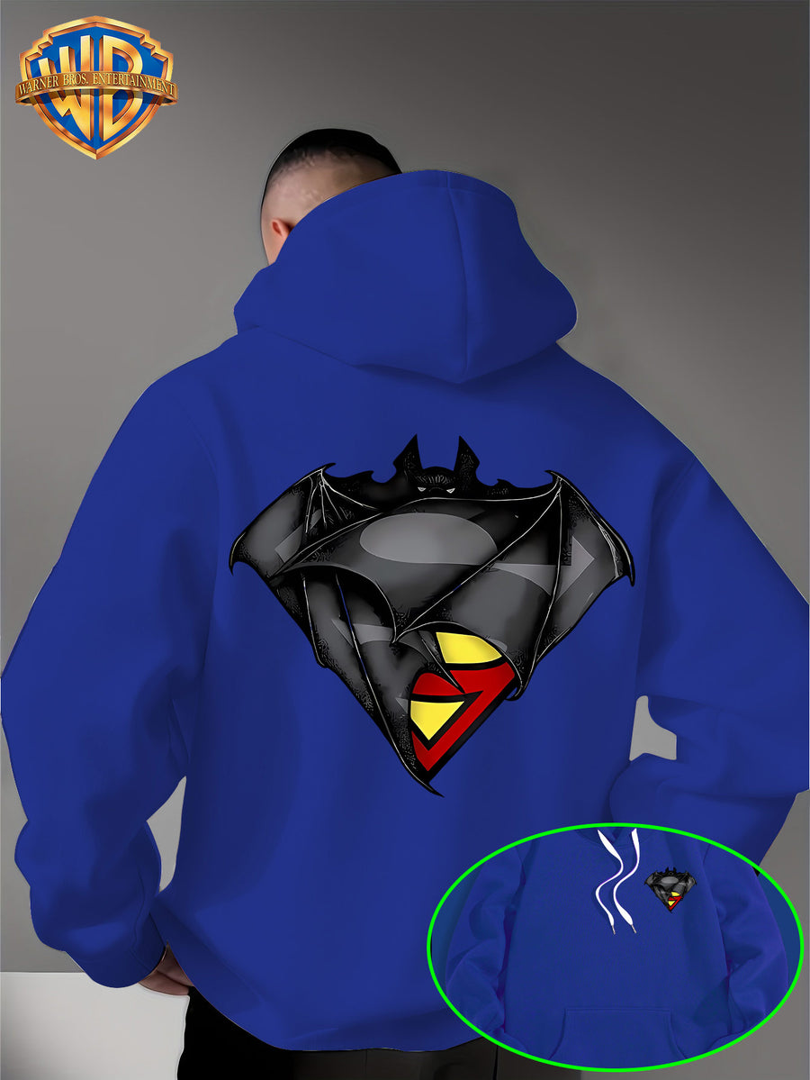 WB Warner Bros DC Official Justice League Superman-Batman Fusion Logo Hooded Sweatshirt - -Lined Hoodie Suitable for Men & Women, Unisex Couple's Gift, Adjustable Drawstring Hood, Iconic Logo Print for Casual Winter Wear, Machine Washable - Blue