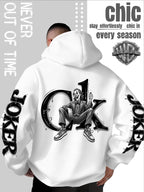 Men'S Hooded Sweatshirt, Western Trendy Cool Black And White Sketch Joker Theme Print, Sleeves with Same Series Splatter Art Lettering, Breathable And Skin-Friendly Fabric, Showcasing ' Fashion Sense, Ideal Gift for Holidays And Birthdays - White