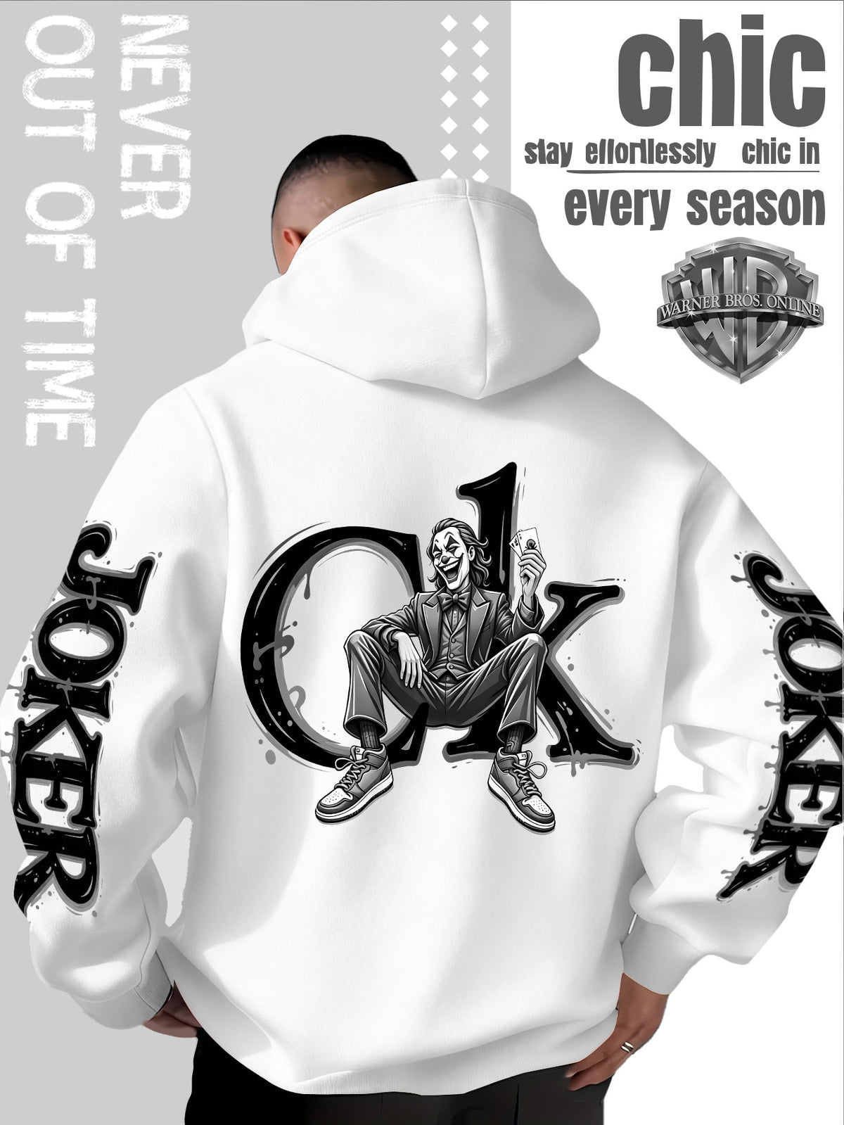 Men'S Hooded Sweatshirt, Western Trendy Cool Black And White Sketch Joker Theme Print, Sleeves with Same Series Splatter Art Lettering, Breathable And Skin-Friendly Fabric, Showcasing ' Fashion Sense, Ideal Gift for Holidays And Birthdays - White