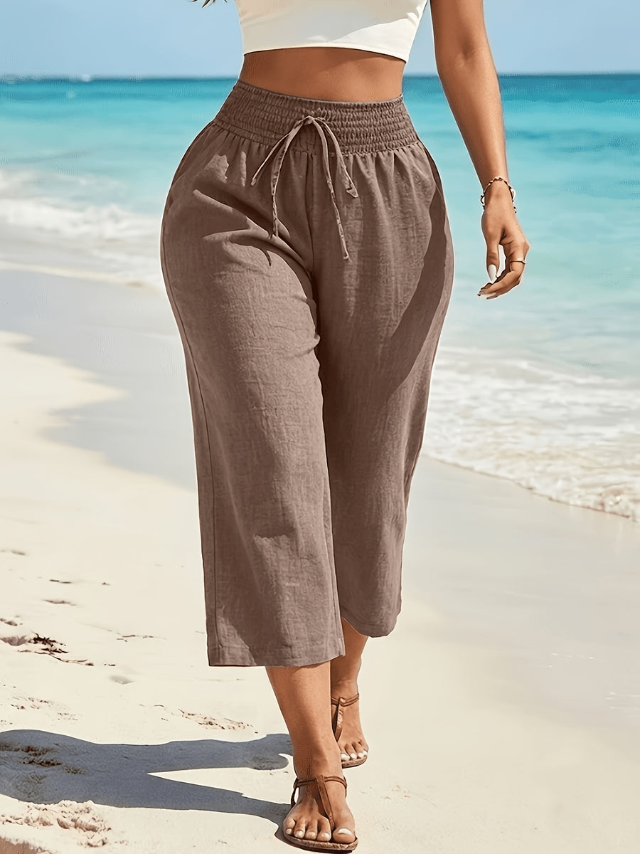 Seaside Summer Vacation Style Capri Pants, Pleated High-Waist Loose Fit Casual Commuter Women's Pants ASD1 - Light Coffee