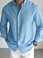 Men's Solid Color Long Sleeve Shirt for Work and Commuting, Men's Work and Protective Button- Pointed Collar Shirt - Blue