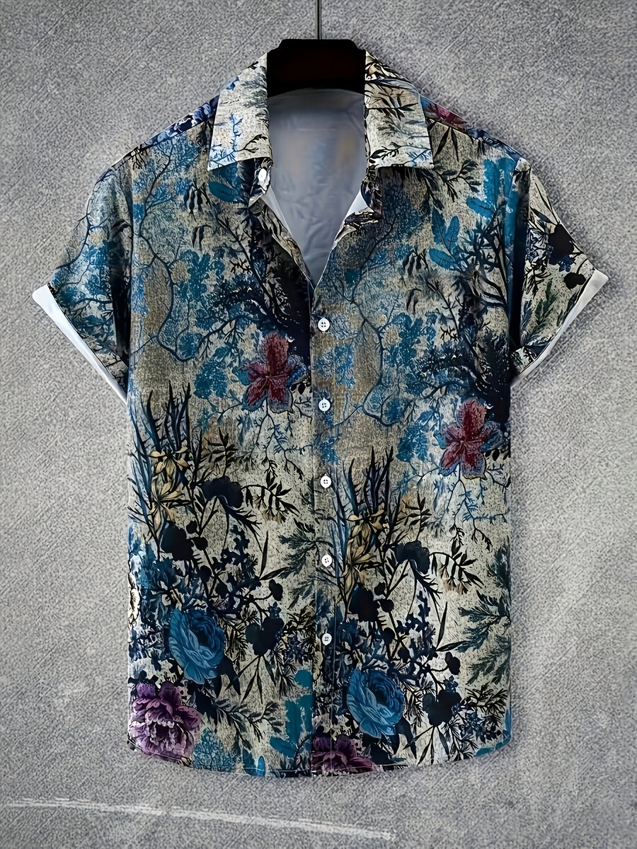 Men's Hawaiian Hibiscus Button- Shirt - Short Sleeve Collar Button-Up Shirt with Hawaiian Flower Print, Machine Washable Summer Beachwear for Vacation, Hawaiian & Casual Outfits - Non-Stretch Suitable for Hawaii Style - Multicolor