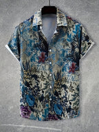 Men's Hawaiian Hibiscus Button- Shirt - Short Sleeve Collar Button-Up Shirt with Hawaiian Flower Print, Machine Washable Summer Beachwear for Vacation, Hawaiian & Casual Outfits - Non-Stretch Suitable for Hawaii Style - Multicolor