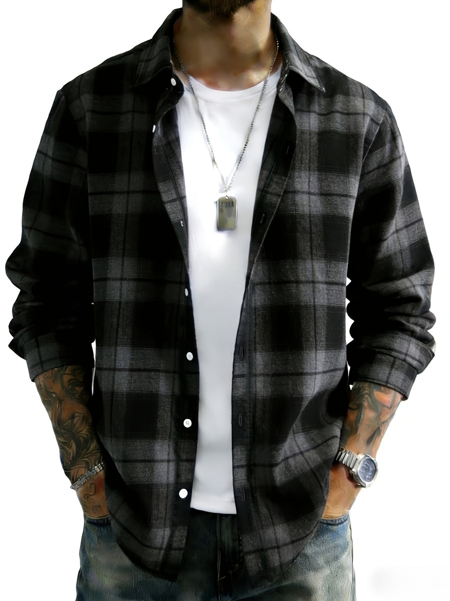 Men'S Color-Block Checkered Casual Shirt, Spring/Autumn Thin Breathable Fabric, Black Gray Plaid Top Men'S Clothing, Suitable for Daily Wear Collared Long Sleeve Button-Up Shirt, Travel Vacation Attire - Black And Gray Grid
