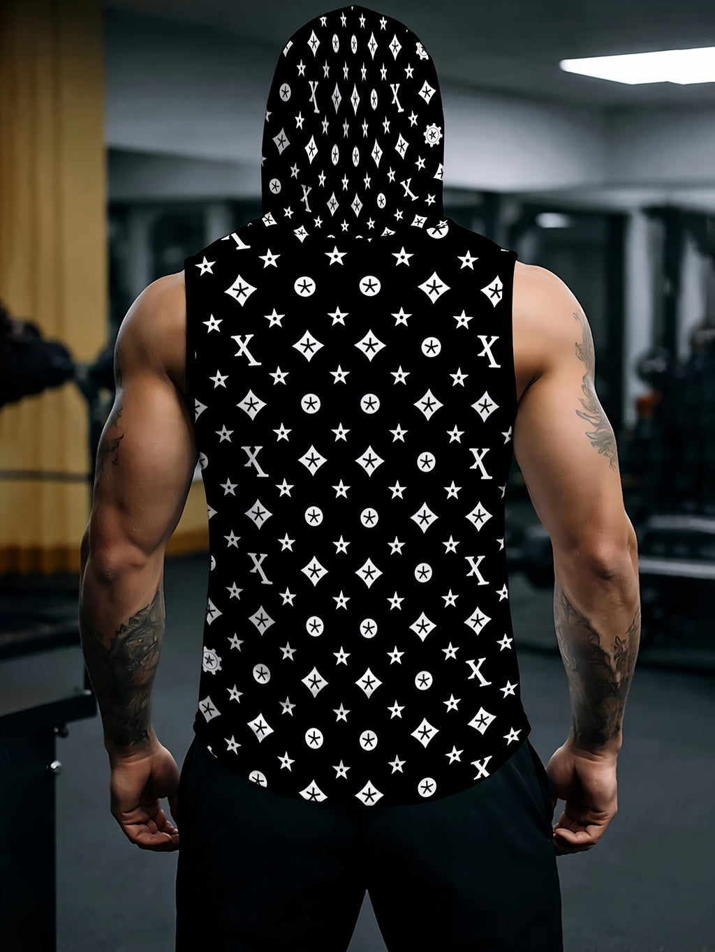 Men'S Hooded Sleeveless Sports Top Black And White Star Pattern Breathable Gym Clothing for Daily Training Running Outdoor Fashion Comfortable Casual Wear - Mixed colors