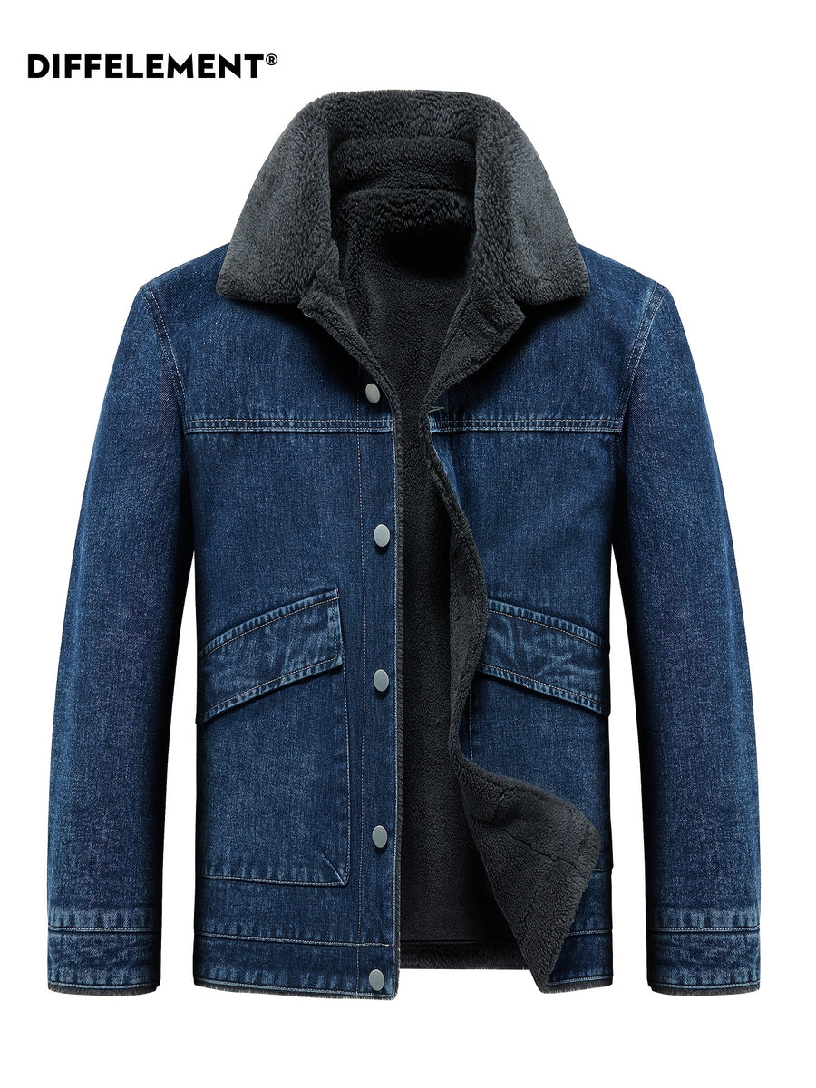 Men's Lapel Fleece-Lined Denim Jacket, Thickened for Locking in Heat, Windproof, Warm, and Cold-Resistant. Washed Denim Fabric with Composite Lining, Contrast Color Topstitching, Workwear Straight-Leg Fit. Autumn/Winter Streetwear Commuting Vintage - Blue