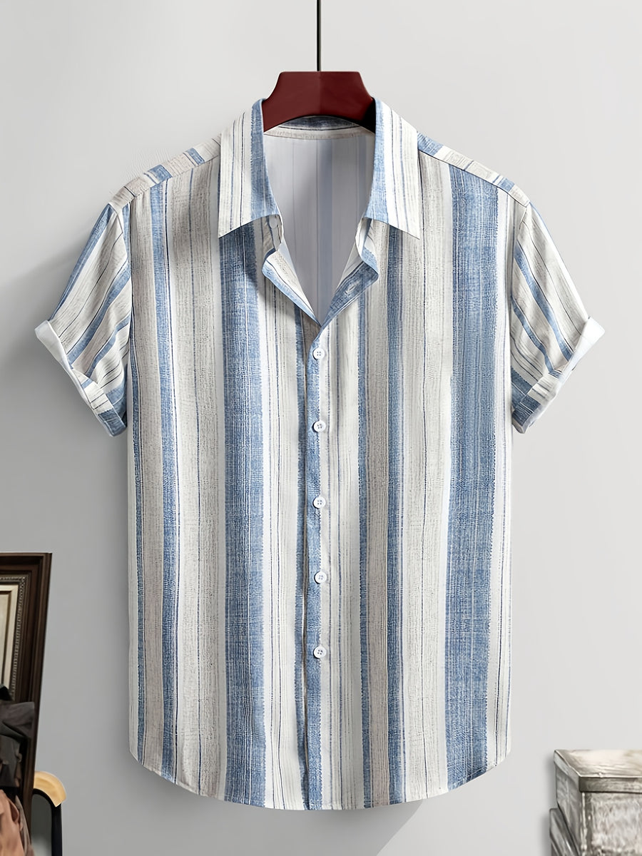 New Summer Men's Short-Sleeve Shirt, Comfortable Casual Striped Print Shirt, Travel Vacation Style Men's Apparel - Mixed colors