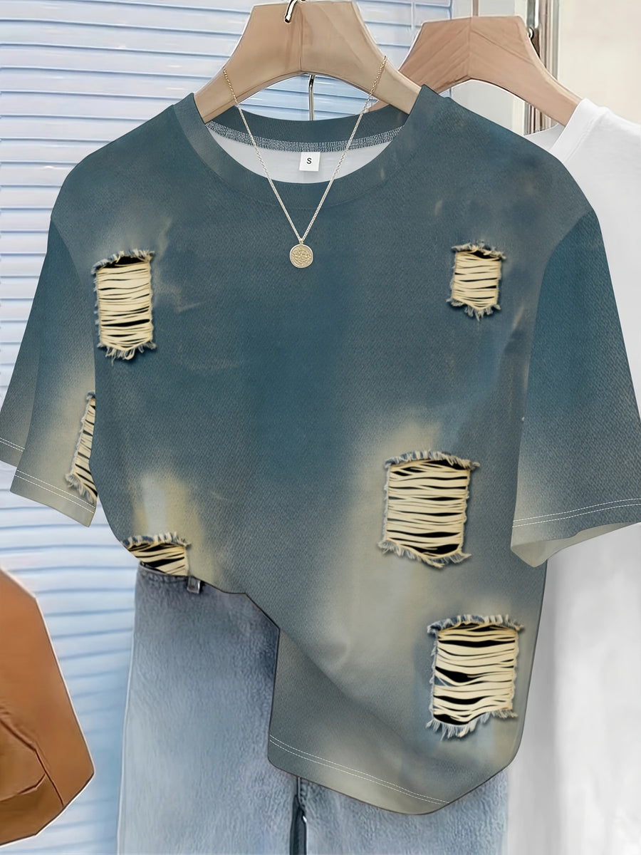 Trendy Imitation Ripped Print Design Women'S Short-Sleeved T-Shirt Fashionable All-Match Personalized Print Top Loose And Comfortable Daily Wear Street Style Casual Wear Summer New Women'S Clothing Slim Fit - Mixed colors