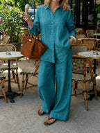 Old Money Style Women'S Pure Elegant Outfit, Suitable for Spring/Summer And Holidays | 2pcs Casual Set, Shirt And Wide-Leg Pants - Dark Cyan