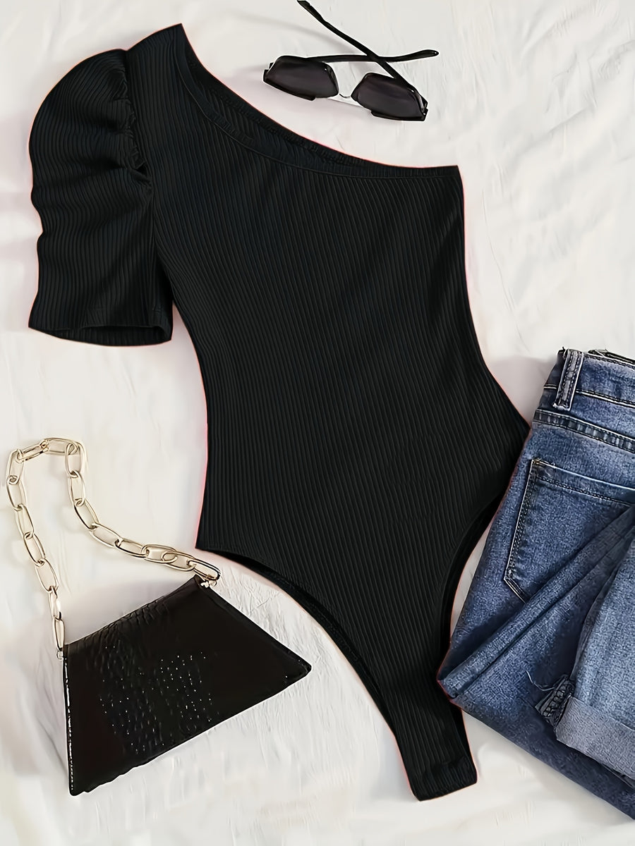Privé One-Shoulder Bubble Sleeve Ribbed Bodysuit - Black