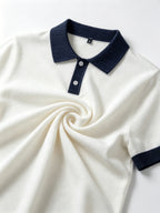 Men's Contrast Navy Blue Lapel Short-Sleeve Knit Polo Shirt, Four Seasons Business Casual Versatile Short-Sleeve Top - Blue And White