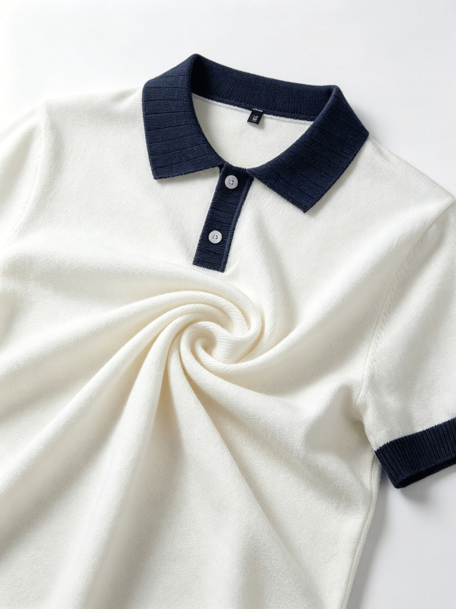 Men's Contrast Navy Blue Lapel Short-Sleeve Knit Polo Shirt, Four Seasons Business Casual Versatile Short-Sleeve Top - Blue And White
