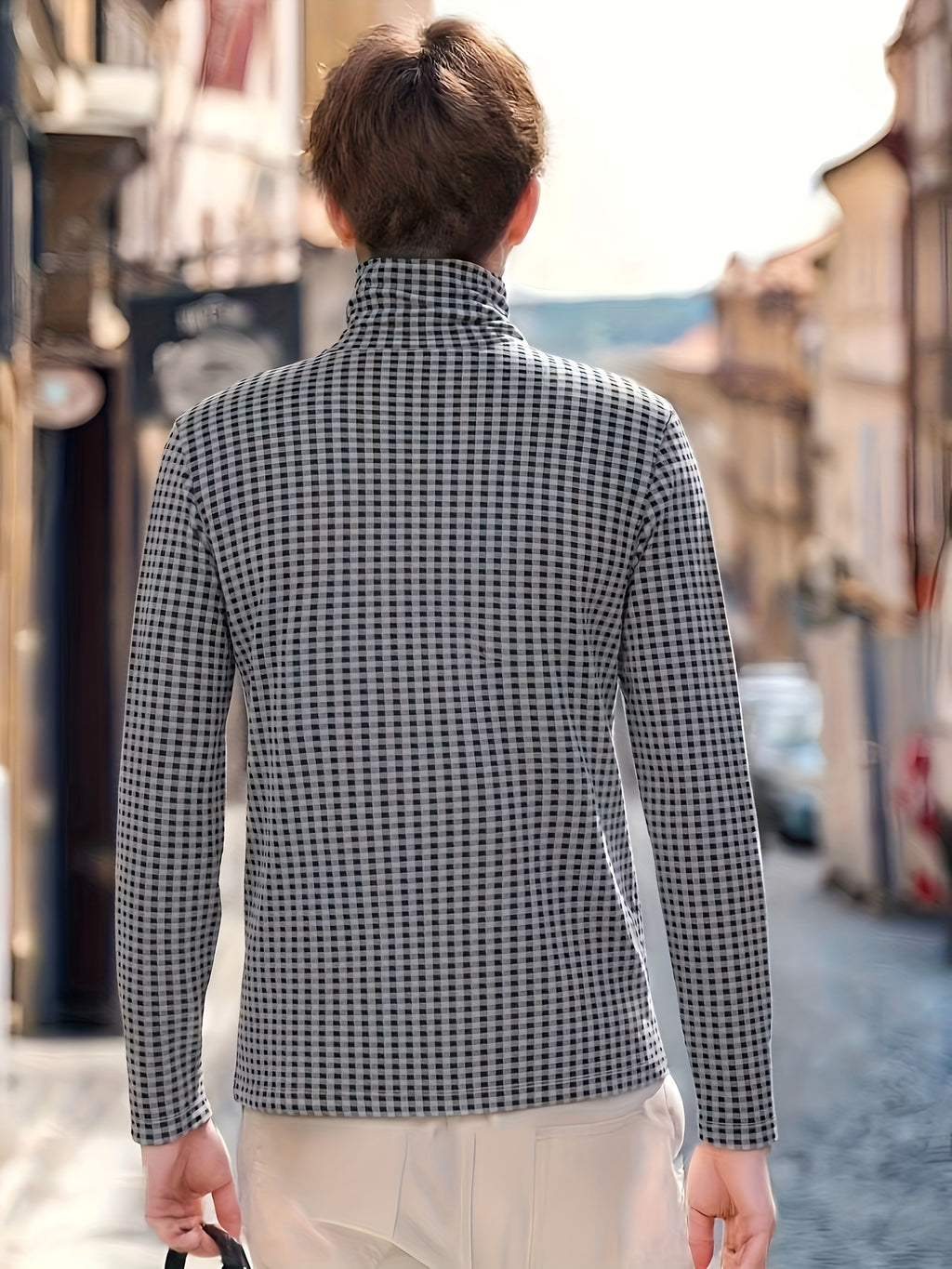 Nordic Vintage High-Neck Plaid Long-Sleeve T-Shirt for Men, Thickened for Autumn And, Soft And Warm, with a Luxurious Feel, Perfect As a Base Layer for Trendy Couples And Youth - Black And Gray Grid