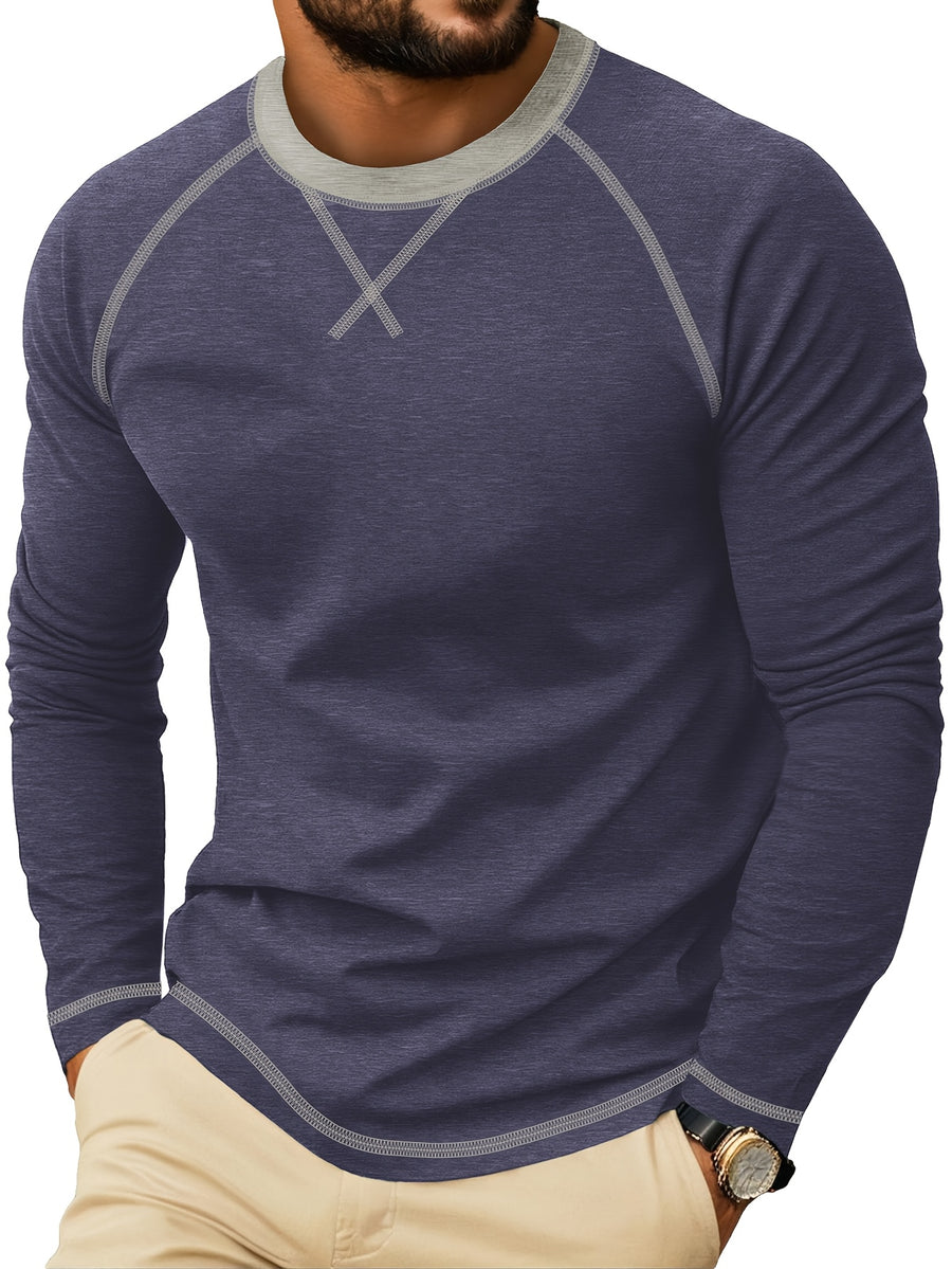Cross-Border New Men'S Long Sleeve Round Neck T-Shirt, Outwardly Oriented Western Men'S Clothing Color-Blocked Top Base Layer - Deep Blue